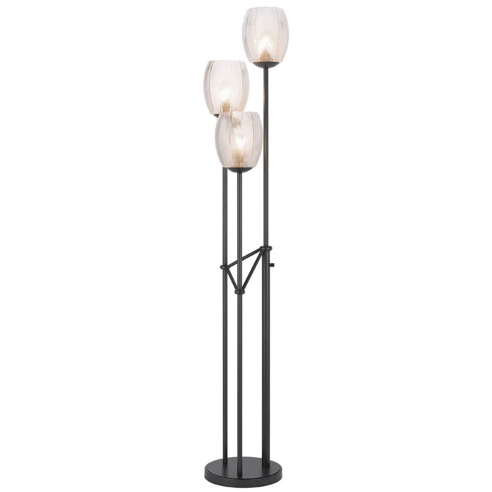 3 Light Torchiere Floor Lamp, Leaf Design Glass Shade, Black Metal 71 Inch - BM351696