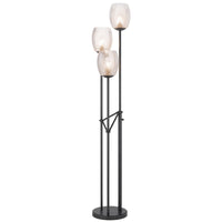 3 Light Torchiere Floor Lamp, Leaf Design Glass Shade, Black Metal 71 Inch - BM351696