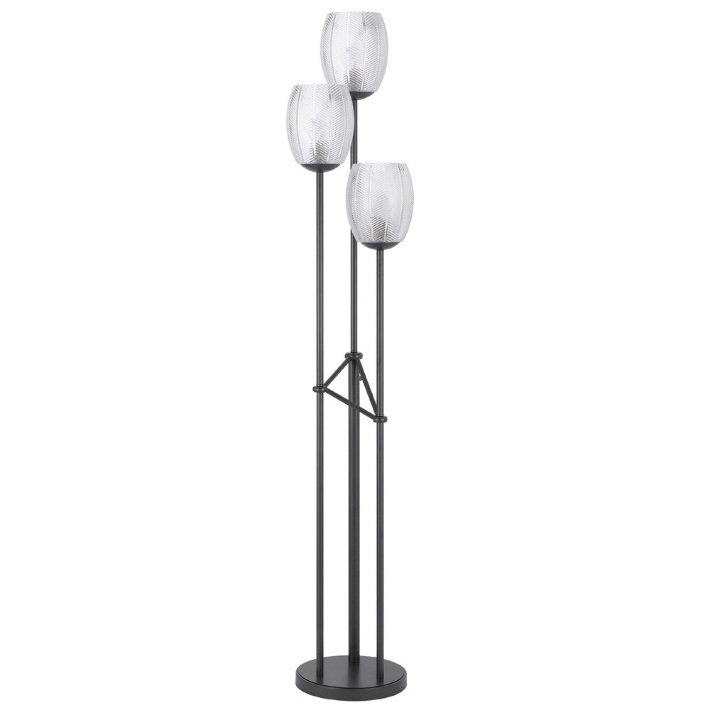 3 Light Torchiere Floor Lamp, Leaf Design Glass Shade, Black Metal 71 Inch - BM351696