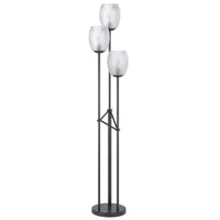 3 Light Torchiere Floor Lamp, Leaf Design Glass Shade, Black Metal 71 Inch - BM351696