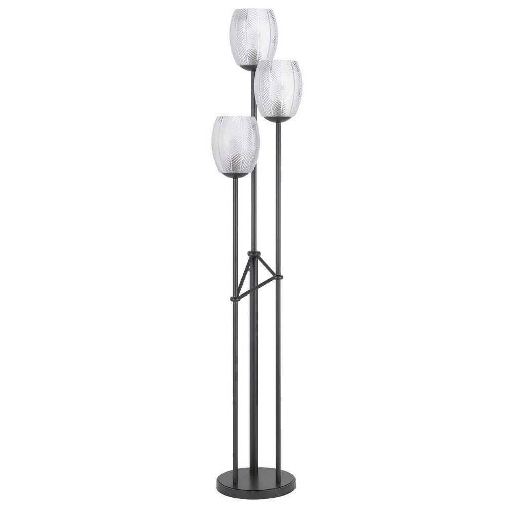 3 Light Torchiere Floor Lamp, Leaf Design Glass Shade, Black Metal 71 Inch - BM351696