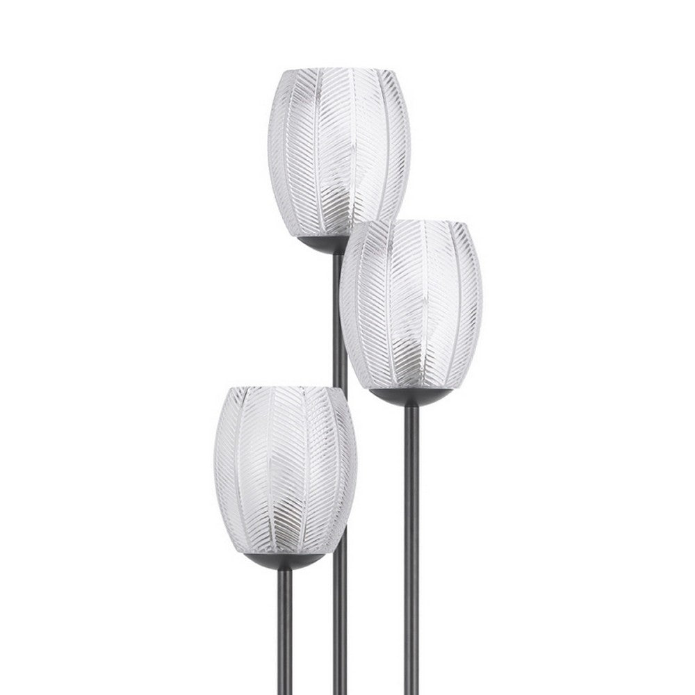 3 Light Torchiere Floor Lamp, Leaf Design Glass Shade, Black Metal 71 Inch - BM351696