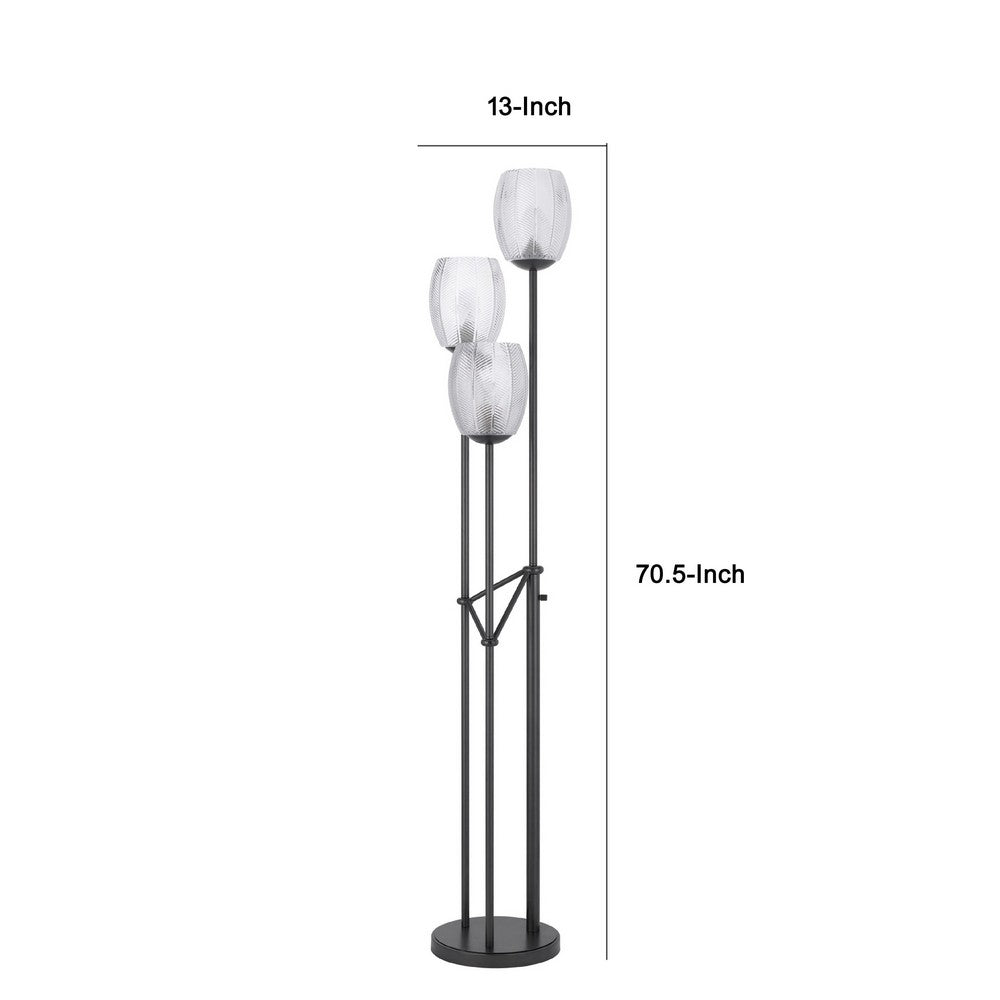 3 Light Torchiere Floor Lamp, Leaf Design Glass Shade, Black Metal 71 Inch - BM351696