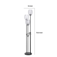 3 Light Torchiere Floor Lamp, Leaf Design Glass Shade, Black Metal 71 Inch - BM351696
