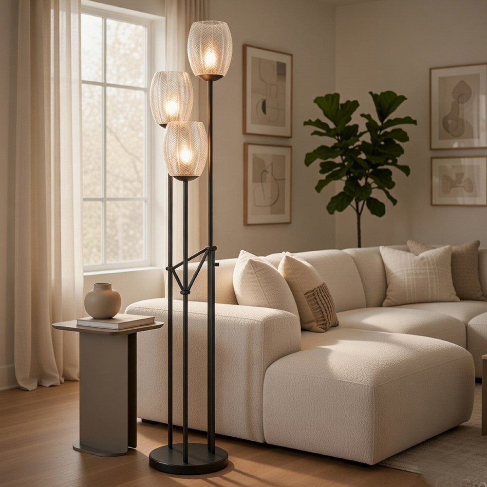 3 Light Torchiere Floor Lamp, Leaf Design Glass Shade, Black Metal 71 Inch - BM351696