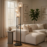 3 Light Torchiere Floor Lamp, Leaf Design Glass Shade, Black Metal 71 Inch - BM351696