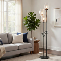 3 Light Torchiere Floor Lamp, Leaf Design Glass Shade, Black Metal 71 Inch - BM351696