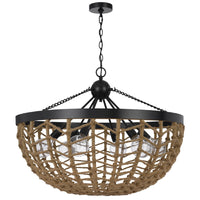 6 Light Pendant Chandelier, Caged Bowl Braided Rope, Black Metal 32 Inch - BM351697