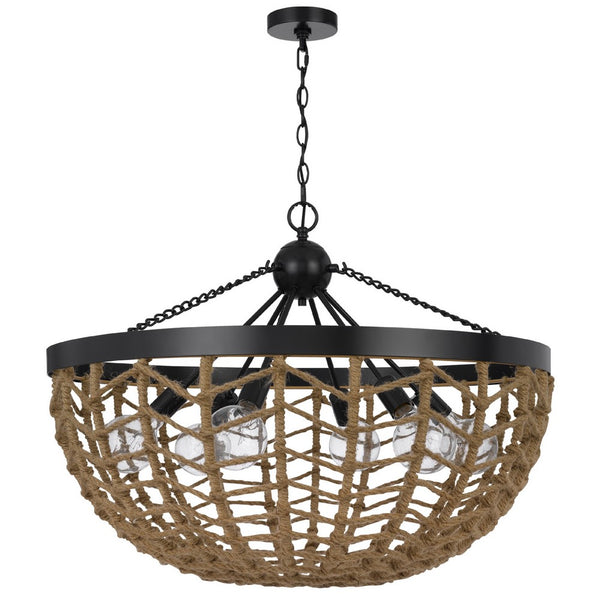 6 Light Pendant Chandelier, Caged Bowl Braided Rope, Black Metal 32 Inch - BM351697