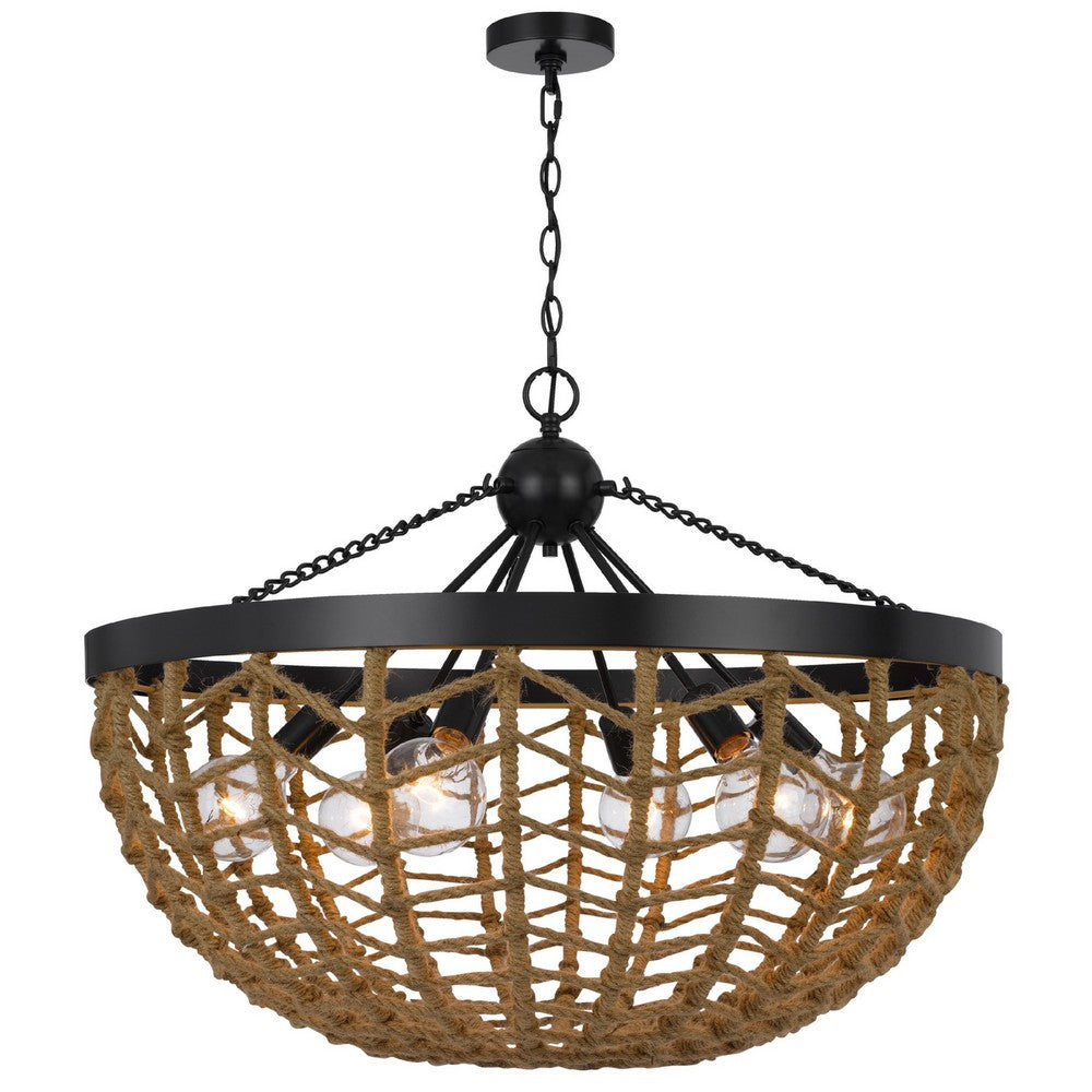 6 Light Pendant Chandelier, Caged Bowl Braided Rope, Black Metal 32 Inch - BM351697