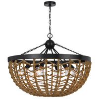6 Light Pendant Chandelier, Caged Bowl Braided Rope, Black Metal 32 Inch - BM351697