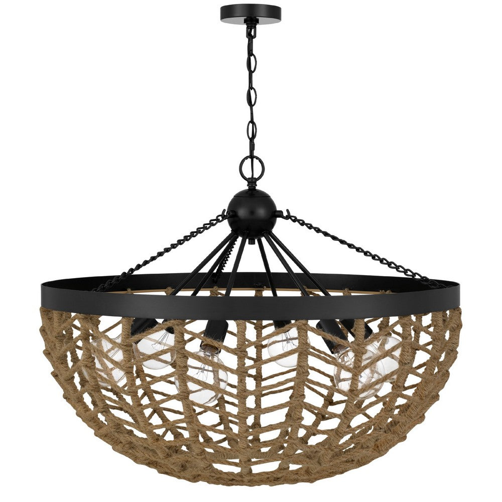 6 Light Pendant Chandelier, Caged Bowl Braided Rope, Black Metal 32 Inch - BM351697