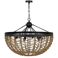6 Light Pendant Chandelier, Caged Bowl Braided Rope, Black Metal 32 Inch - BM351697