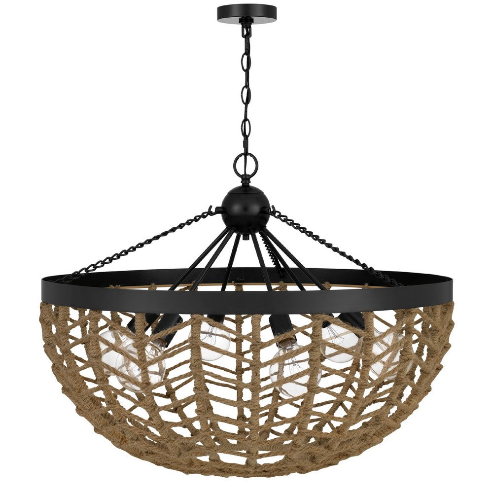 6 Light Pendant Chandelier, Caged Bowl Braided Rope, Black Metal 32 Inch - BM351697