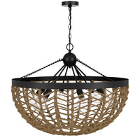 6 Light Pendant Chandelier, Caged Bowl Braided Rope, Black Metal 32 Inch - BM351697