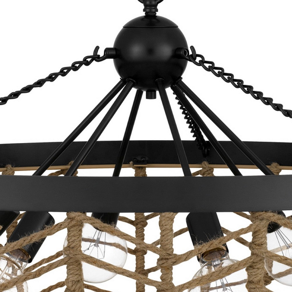 6 Light Pendant Chandelier, Caged Bowl Braided Rope, Black Metal 32 Inch - BM351697