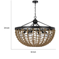 6 Light Pendant Chandelier, Caged Bowl Braided Rope, Black Metal 32 Inch - BM351697