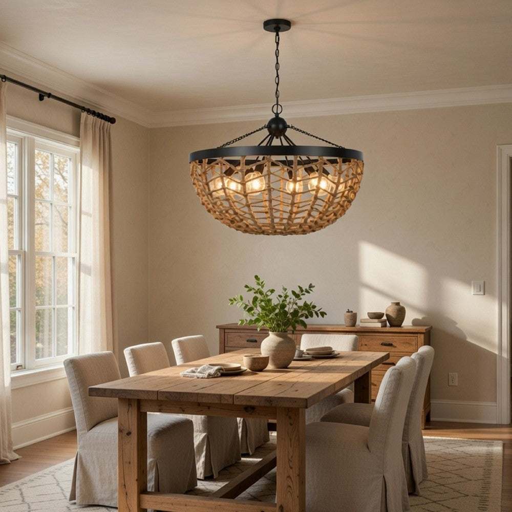 6 Light Pendant Chandelier, Caged Bowl Braided Rope, Black Metal 32 Inch - BM351697