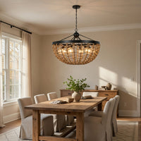 6 Light Pendant Chandelier, Caged Bowl Braided Rope, Black Metal 32 Inch - BM351697
