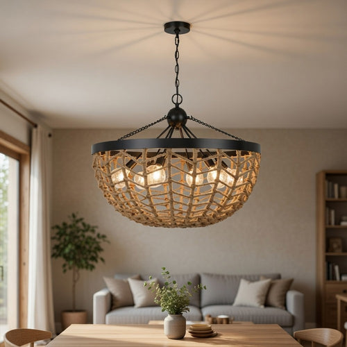 6 Light Pendant Chandelier, Caged Bowl Braided Rope, Black Metal 32 Inch - BM351697