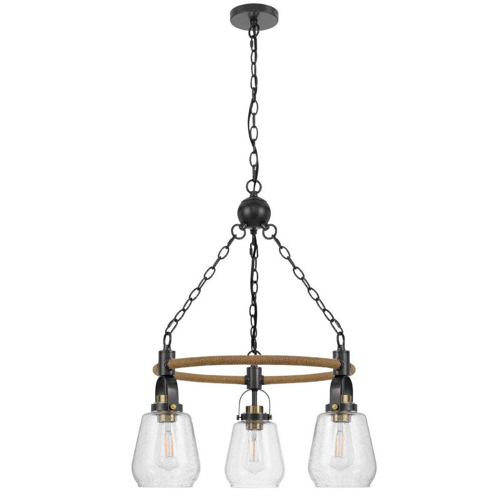 3 Light Chandelier, Rope Accents, Bubble Glass Bulbs, Black Metal 28 Inch - BM351698