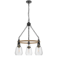 3 Light Chandelier, Rope Accents, Bubble Glass Bulbs, Black Metal 28 Inch - BM351698