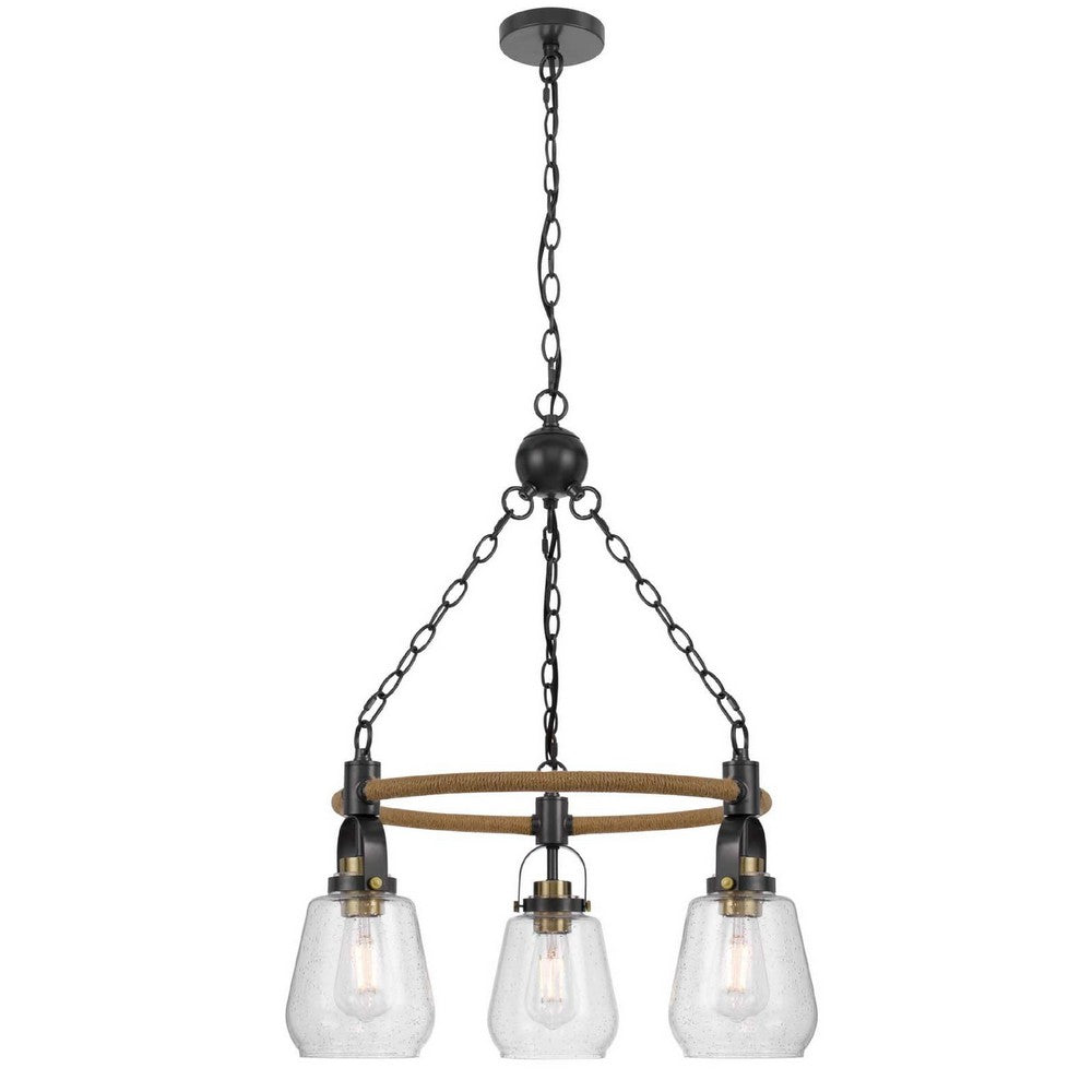 3 Light Chandelier, Rope Accents, Bubble Glass Bulbs, Black Metal 28 Inch - BM351698