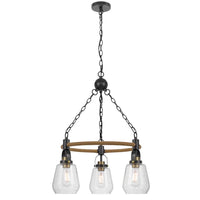 3 Light Chandelier, Rope Accents, Bubble Glass Bulbs, Black Metal 28 Inch - BM351698