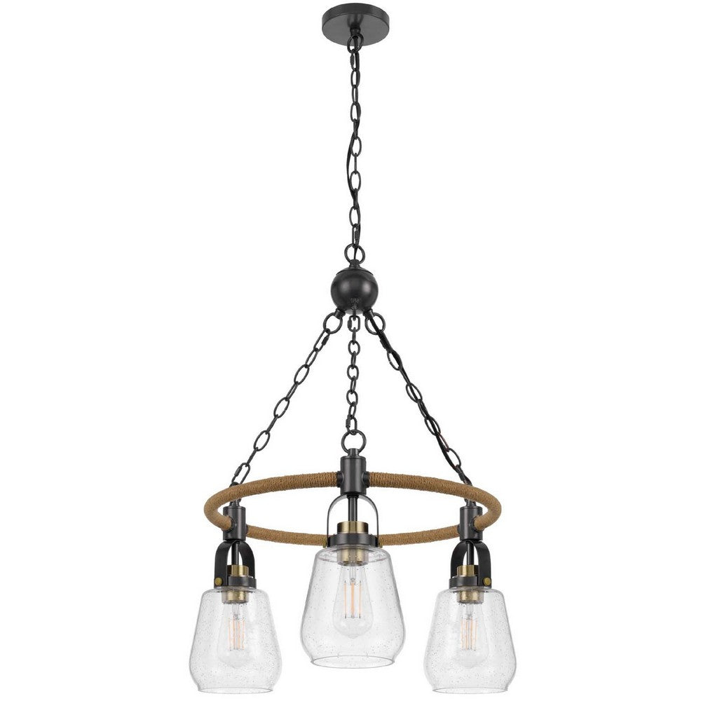 3 Light Chandelier, Rope Accents, Bubble Glass Bulbs, Black Metal 28 Inch - BM351698