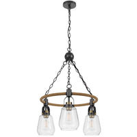 3 Light Chandelier, Rope Accents, Bubble Glass Bulbs, Black Metal 28 Inch - BM351698