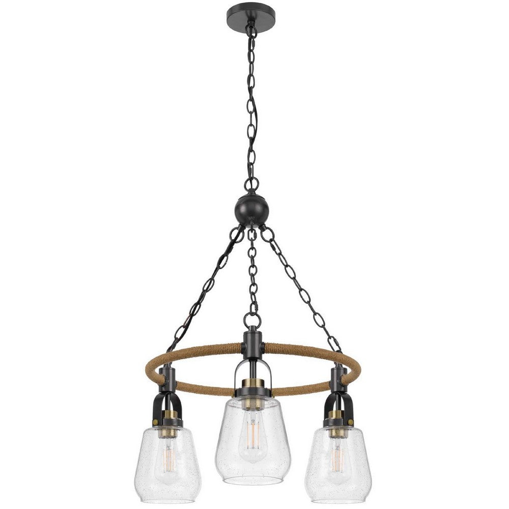 3 Light Chandelier, Rope Accents, Bubble Glass Bulbs, Black Metal 28 Inch - BM351698