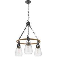 3 Light Chandelier, Rope Accents, Bubble Glass Bulbs, Black Metal 28 Inch - BM351698