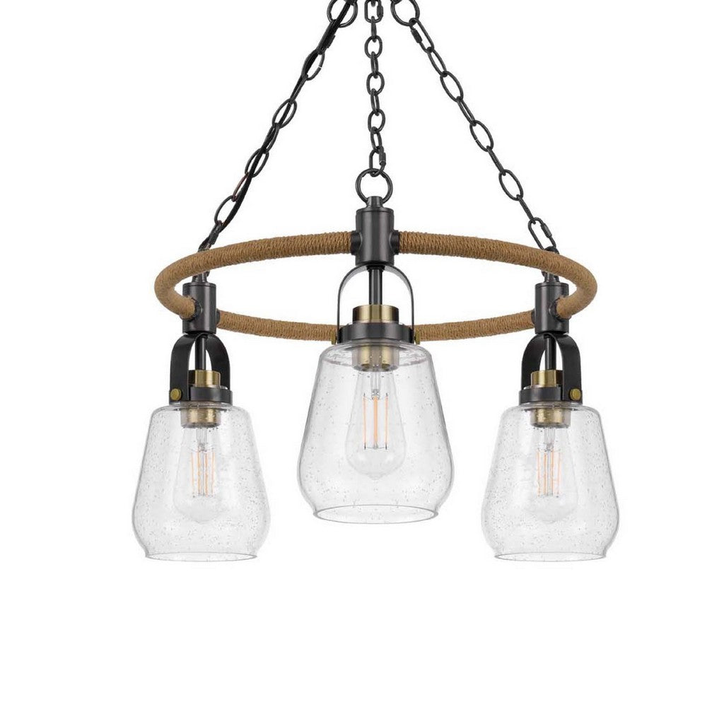 3 Light Chandelier, Rope Accents, Bubble Glass Bulbs, Black Metal 28 Inch - BM351698