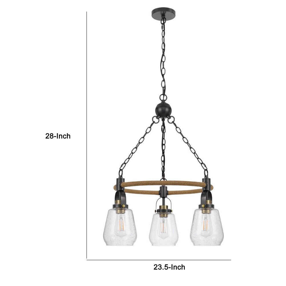 3 Light Chandelier, Rope Accents, Bubble Glass Bulbs, Black Metal 28 Inch - BM351698