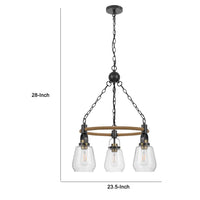 3 Light Chandelier, Rope Accents, Bubble Glass Bulbs, Black Metal 28 Inch - BM351698