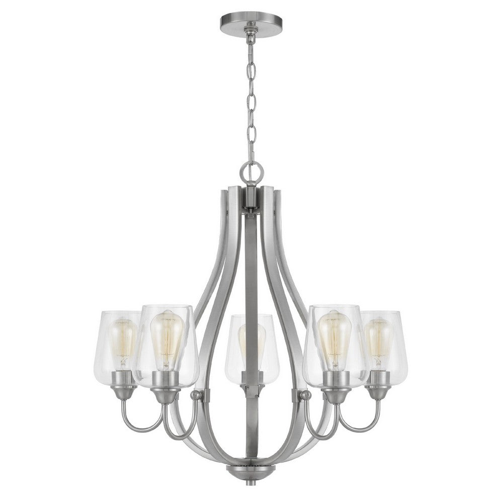 5 Light Chandelier, Teardrop Shape Glass Shades, Brushed Silver 26 Inch - BM351699