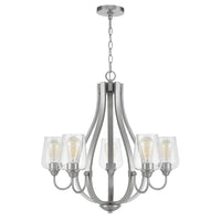 5 Light Chandelier, Teardrop Shape Glass Shades, Brushed Silver 26 Inch - BM351699