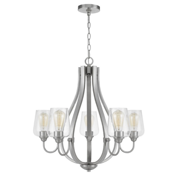 5 Light Chandelier, Teardrop Shape Glass Shades, Brushed Silver 26 Inch - BM351699