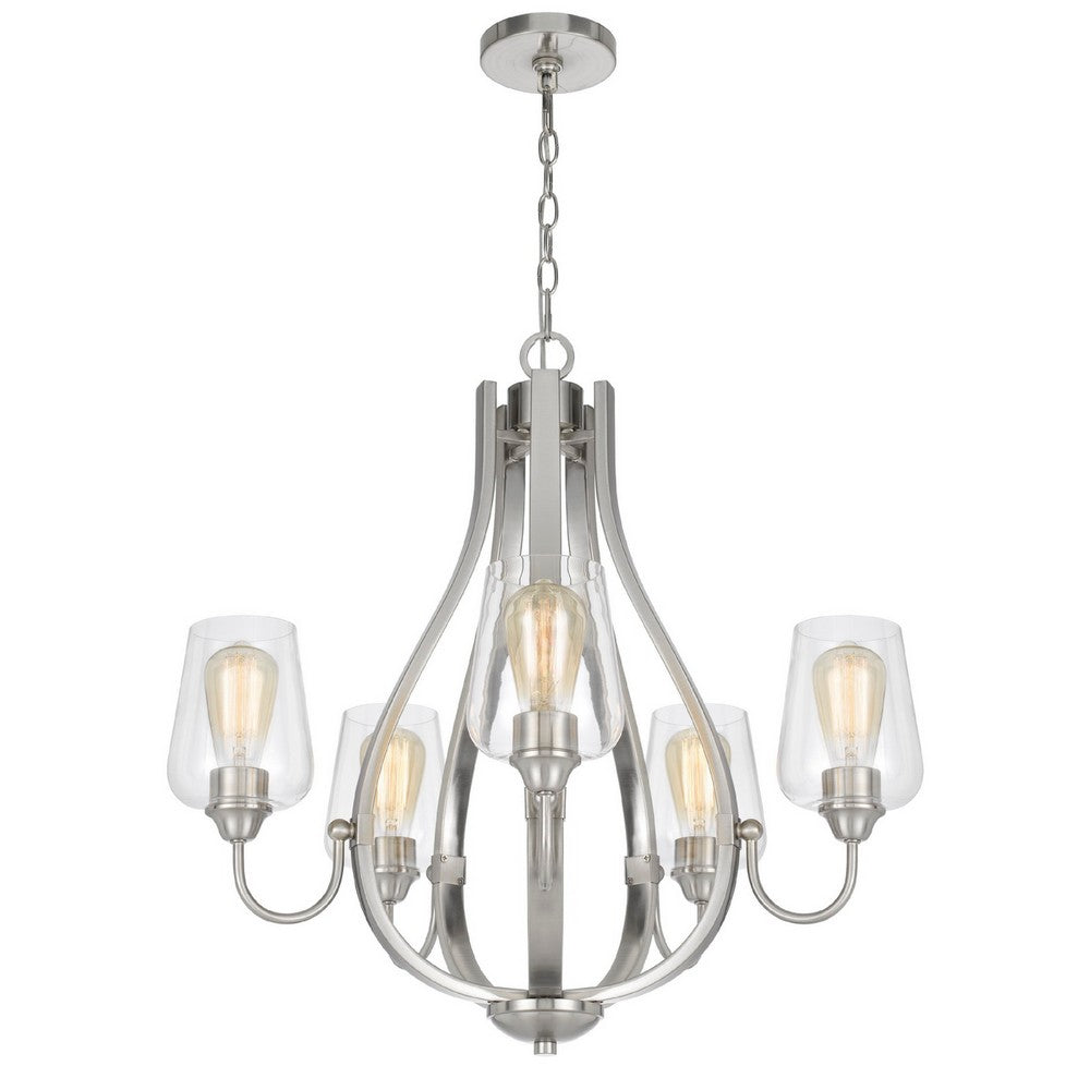 5 Light Chandelier, Teardrop Shape Glass Shades, Brushed Silver 26 Inch - BM351699