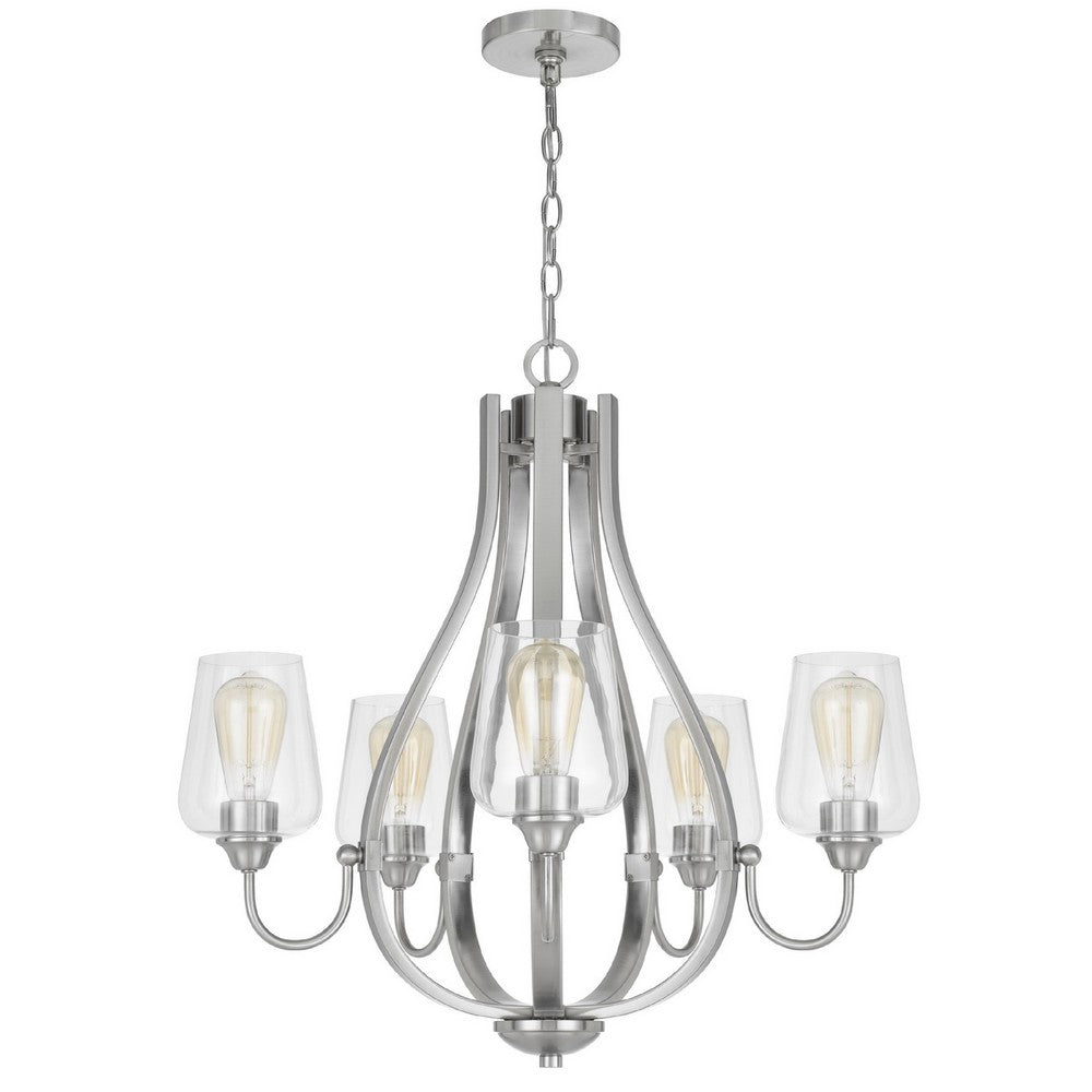 5 Light Chandelier, Teardrop Shape Glass Shades, Brushed Silver 26 Inch - BM351699