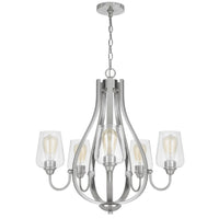 5 Light Chandelier, Teardrop Shape Glass Shades, Brushed Silver 26 Inch - BM351699