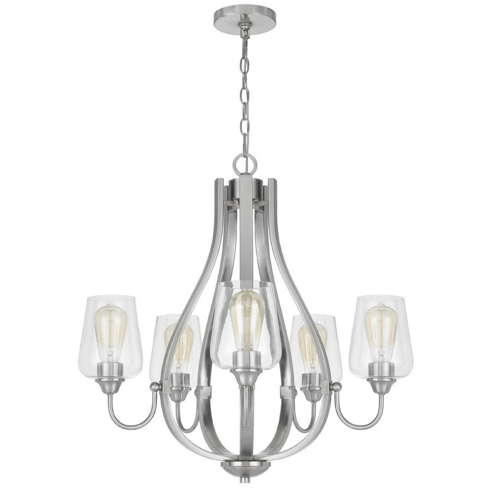 5 Light Chandelier, Teardrop Shape Glass Shades, Brushed Silver 26 Inch - BM351699