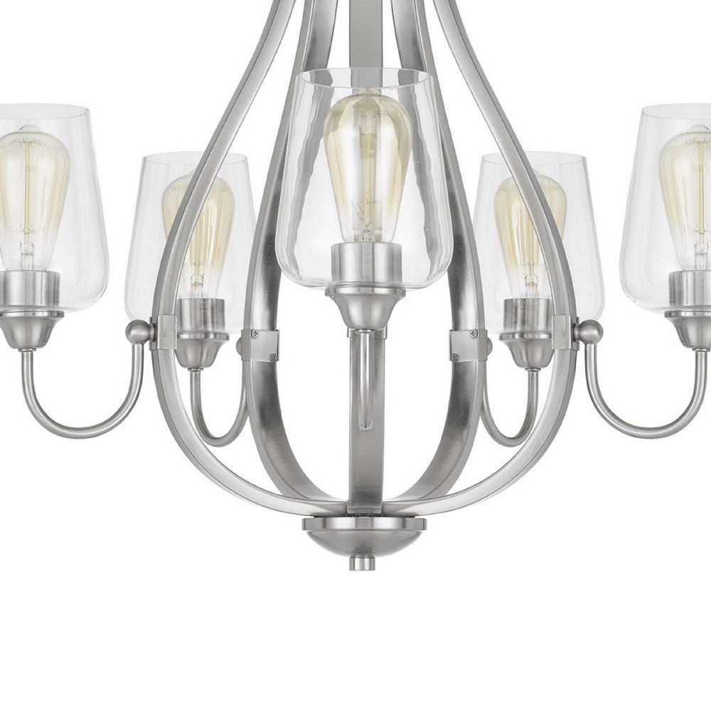 5 Light Chandelier, Teardrop Shape Glass Shades, Brushed Silver 26 Inch - BM351699