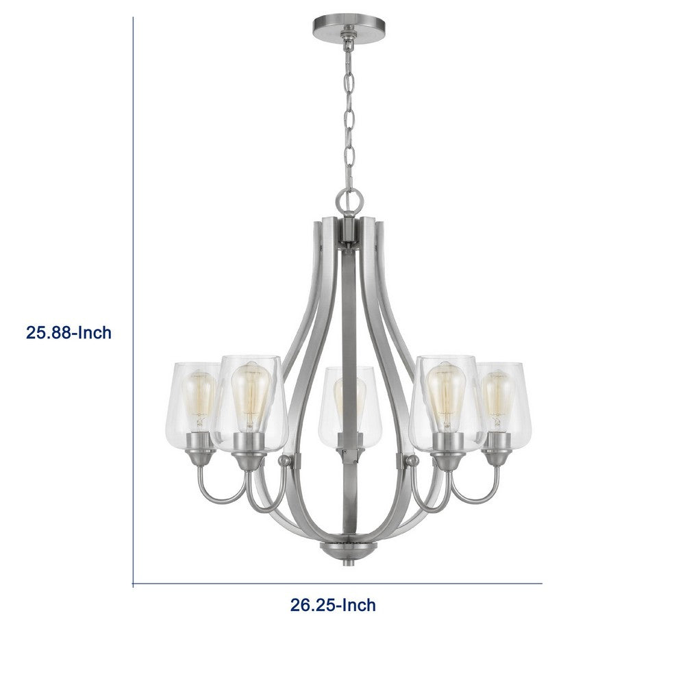 5 Light Chandelier, Teardrop Shape Glass Shades, Brushed Silver 26 Inch - BM351699