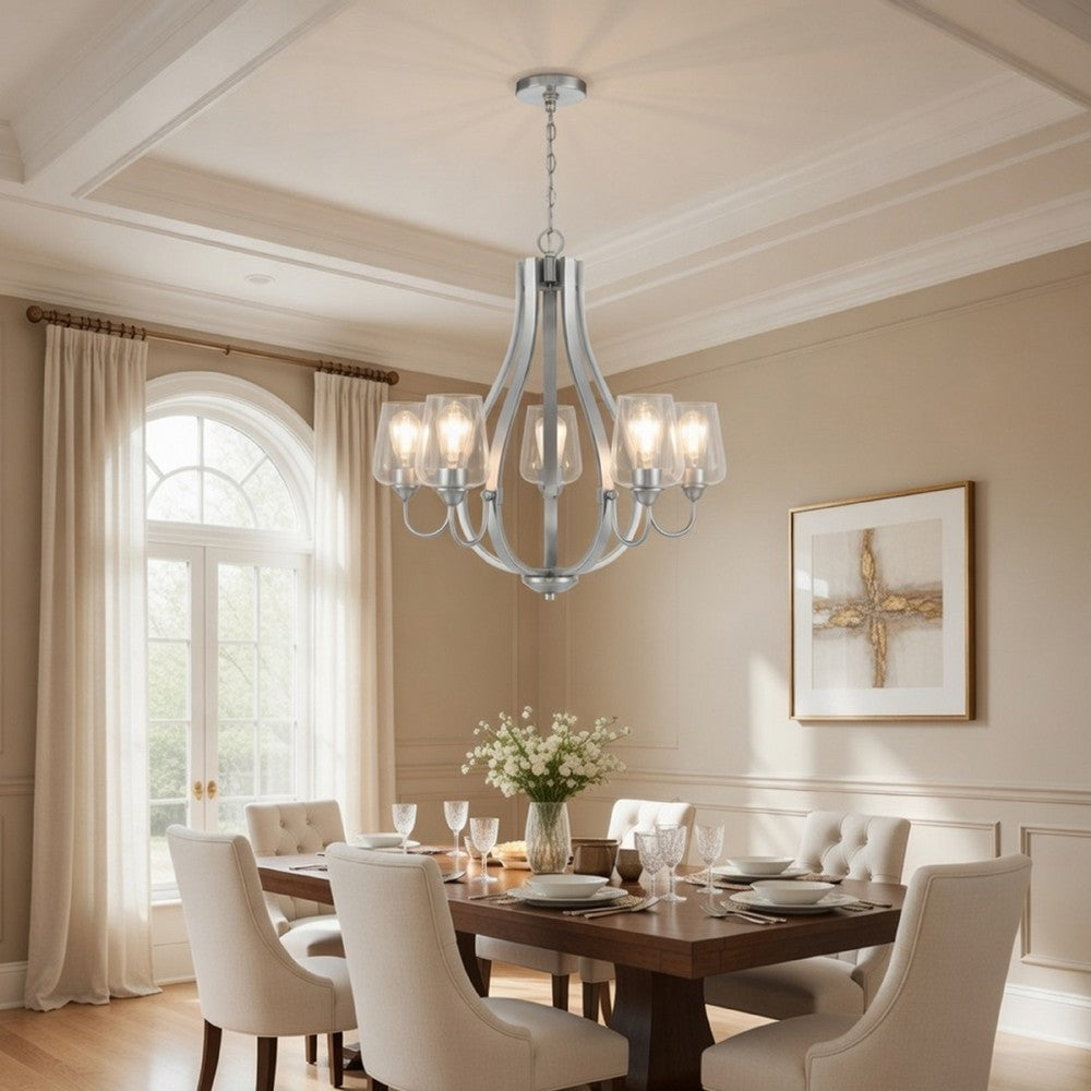 5 Light Chandelier, Teardrop Shape Glass Shades, Brushed Silver 26 Inch - BM351699
