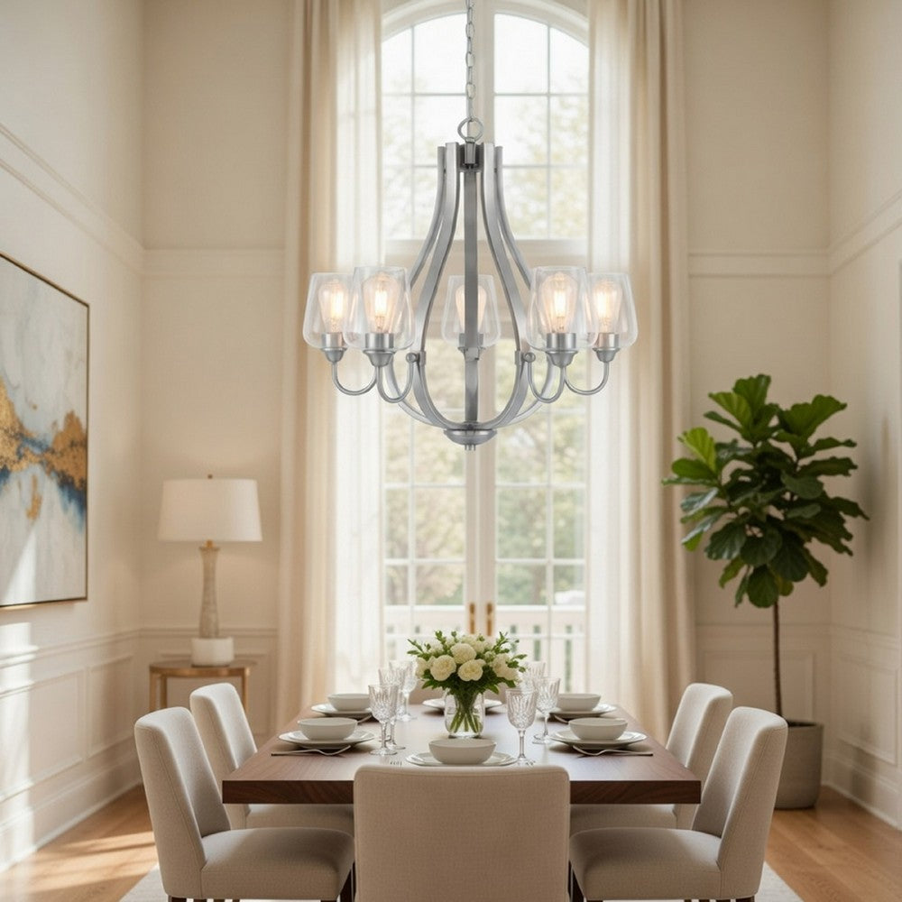 5 Light Chandelier, Teardrop Shape Glass Shades, Brushed Silver 26 Inch - BM351699