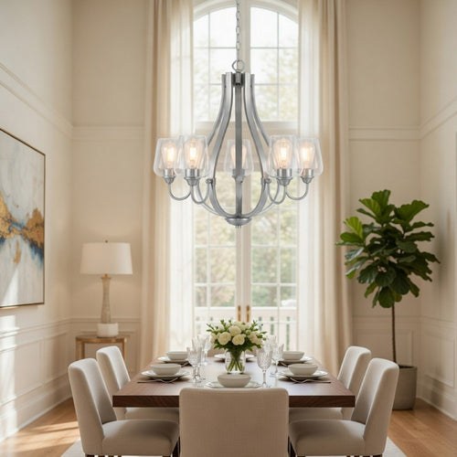 5 Light Chandelier, Teardrop Shape Glass Shades, Brushed Silver 26 Inch - BM351699