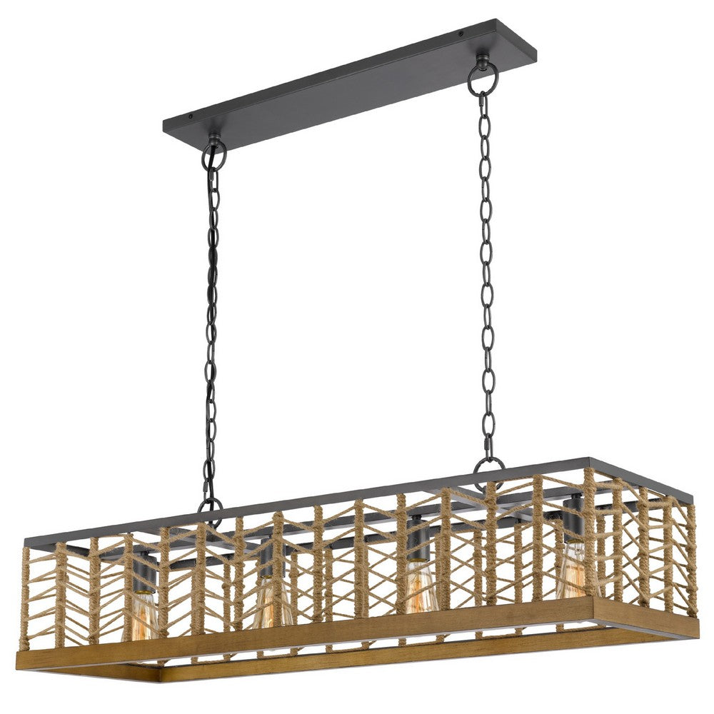 4 Light Pendant, Braided Burlap Shade, Caged Industrial Black Metal 40 Inch - BM351700