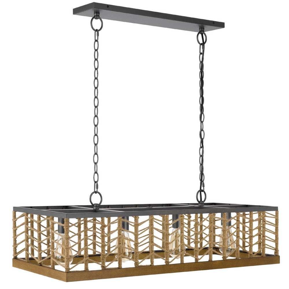 4 Light Pendant, Braided Burlap Shade, Caged Industrial Black Metal 40 Inch - BM351700