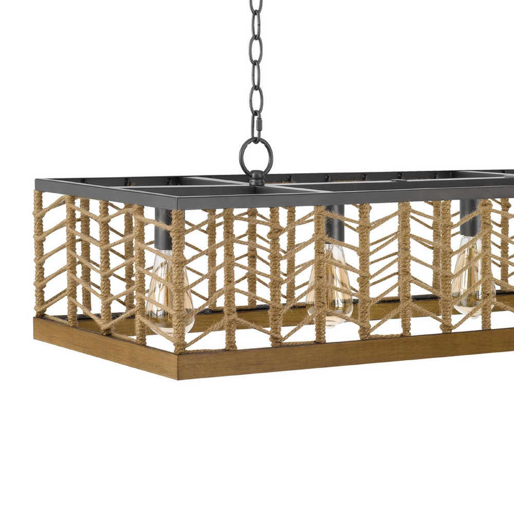 4 Light Pendant, Braided Burlap Shade, Caged Industrial Black Metal 40 Inch - BM351700